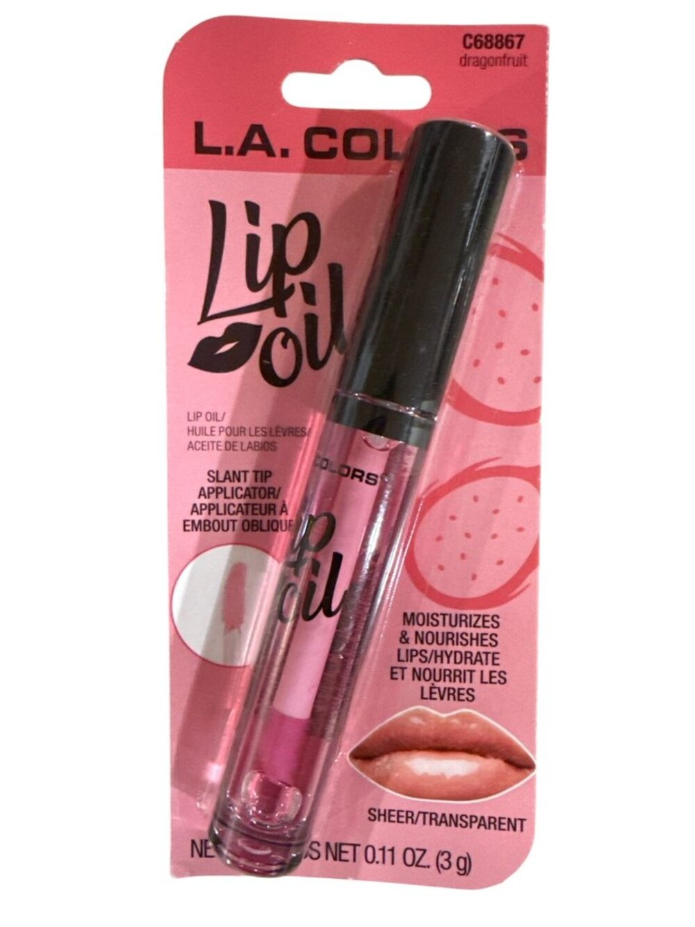 L.A. COLORS Lip Oil Gloss C68867 DRAGONFRUIT Clear Slant Tip Moisturize +Nourish